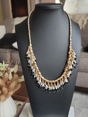 💚Boho Gold Black & White Seed Bead Fringe Statement Necklace